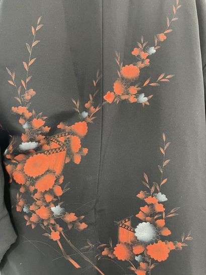 Black silk kimono with a hand-painted floral...