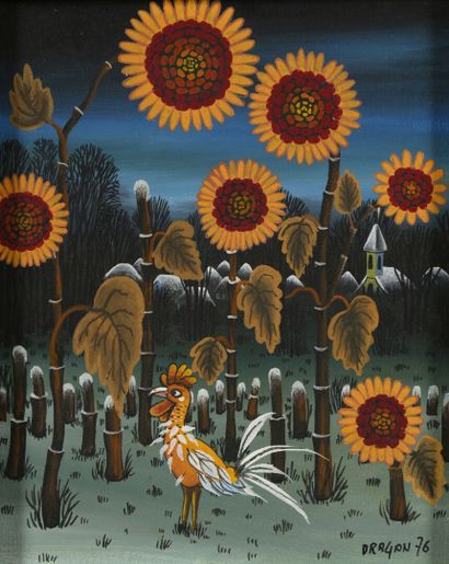 DRAGAN (XXe siècle)
Coq parmi les tournesols
Huile...
