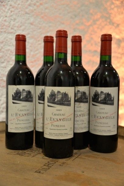 5 Bouteilles Château l'Evangile 1993, 1 étiquette...