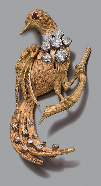 Broche en or jaune 18K (750) et platine,...