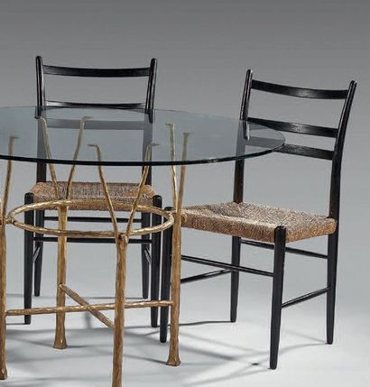 Pair of black lacquered wooden chairs, seat...