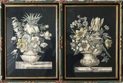 Pair of carved engravings about vases of...