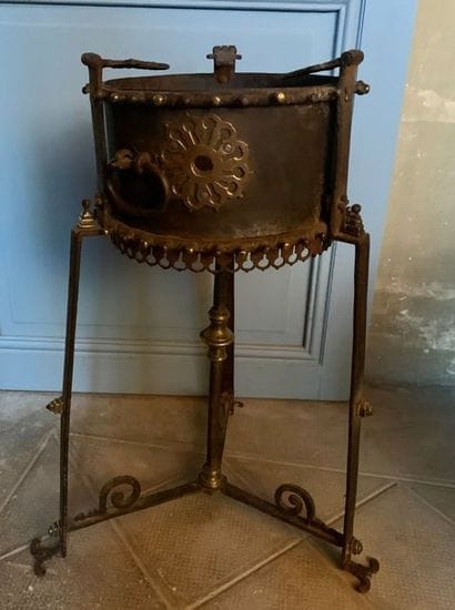Wrought iron brazier, sheet metal and bronze...
