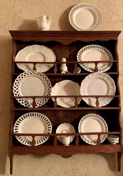 Fruitwood crockery wall shelf, the three...