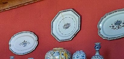 Oval earthenware dish with a blue monochrome...