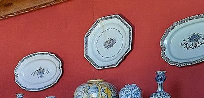Octagonal earthenware dish with red and blue...