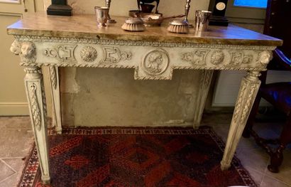 Grey lacquered wooden console, the belt carved...