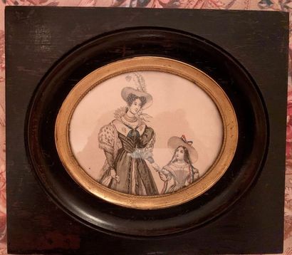Oval engraving in black, Mother and daughter,...