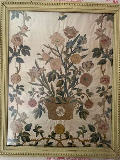 Embroidery on silk representing a basket...