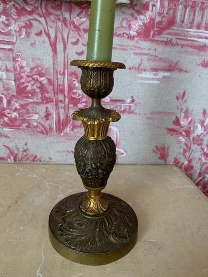 Pair of small torches in patinated and gilt...