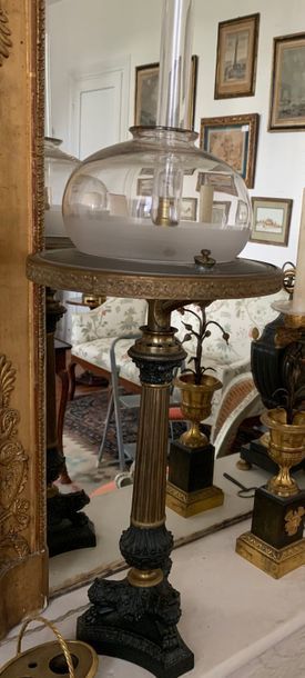 Pair of Carcel lamps in patinated and gilded...