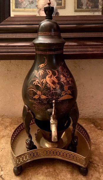 Pewter tea fountain, with lacquered decoration...