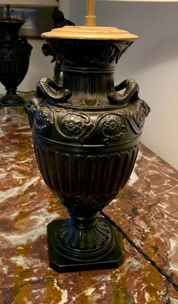 Pair of black patinated terracotta vases...