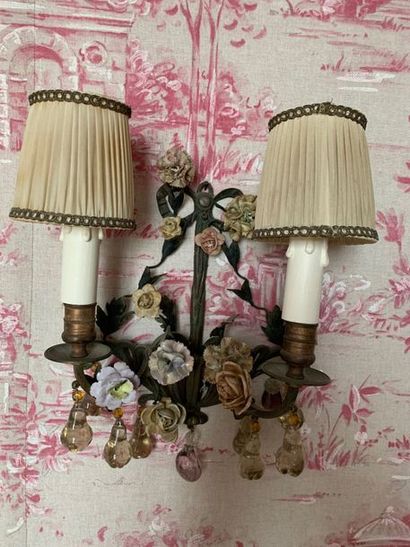 Pair of wall sconces in bronze with green...