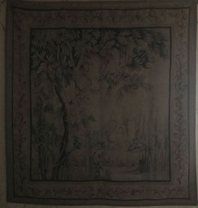 Painted canvas with a river landscape bordered...