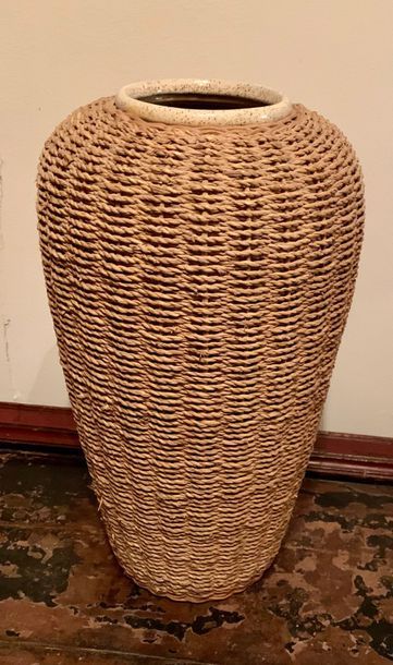 Ovoid vase in beige speckled ceramic decorated...