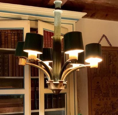 Chandelier in sheet metal and green lacquered...