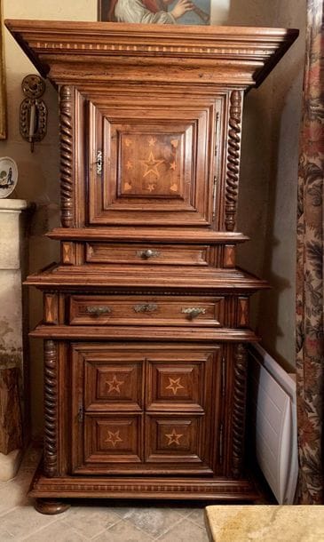 Moulded and inlaid fruitwood standing mantel,...