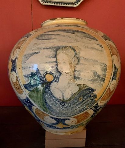 Earthenware ball-shaped vase with polychrome...