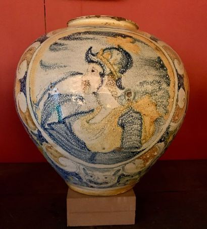 Earthenware ball-shaped vase with polychrome...
