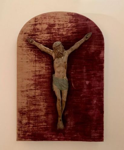 Carved and painted polychrome wood Christ,...