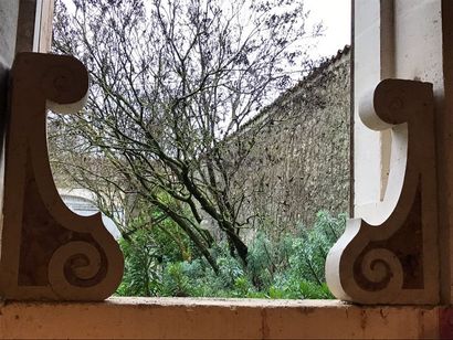 Pair of consoles in Breche marble and travertine,...