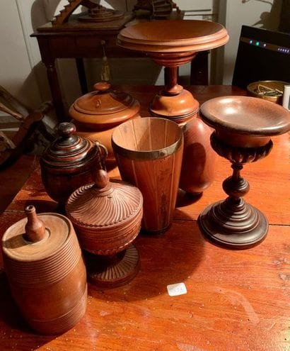 Set of eight turned wooden pieces: covered...