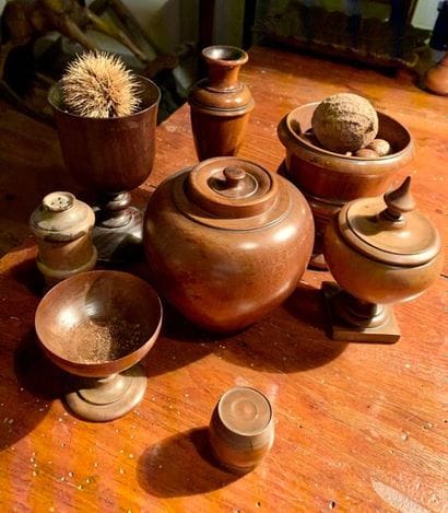 Set of eight turned wooden pieces: covered...