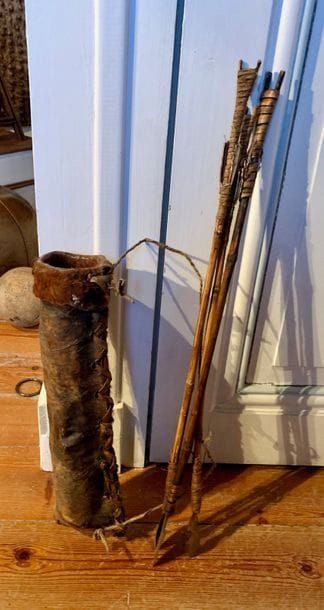 Three arrows made of bamboo and feathers,...