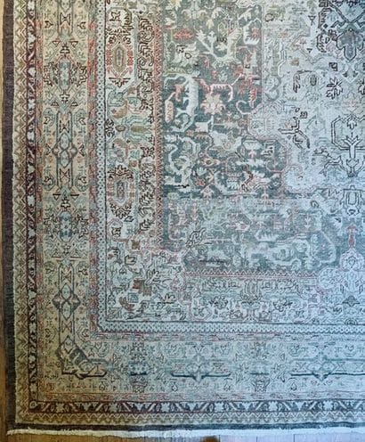 Wool oriental rug in beige and olive green...