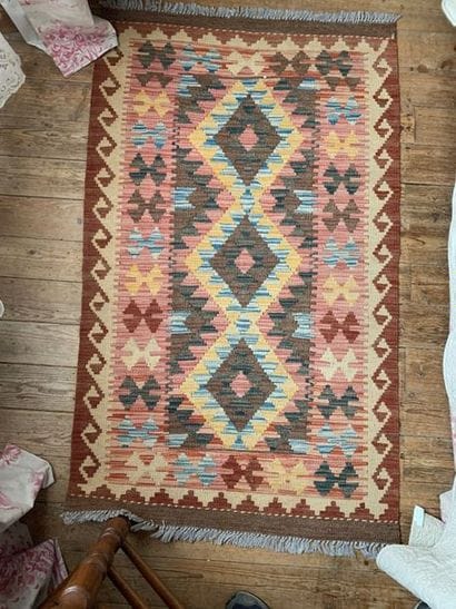 Lot: two small modern kilims; fruitwood chair,...