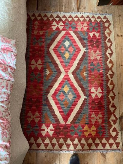Lot: two small modern kilims; fruitwood chair,...
