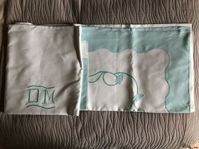 Linen sheet, DM in blue-green, return lined...
