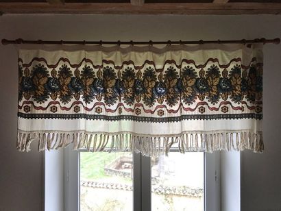 Pair of valances in beige linen embroidered...