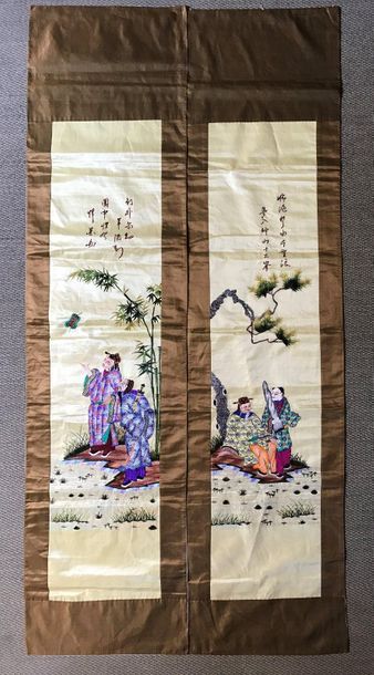Pair of yellow silk panels with polychrome...