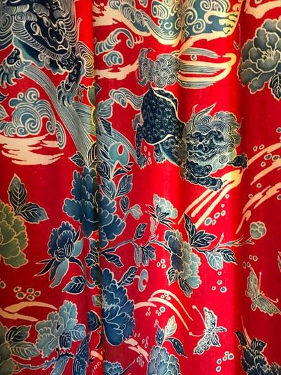 Pair of double curtains, in a chinese pattern...
