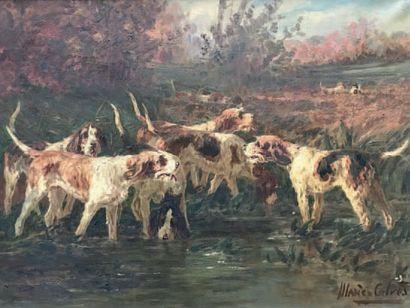 Marie CALVES (1883-1957):

MEUTE SE DESALTERANT.
Huile...