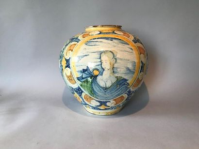 Earthenware ball-shaped vase with polychrome...
