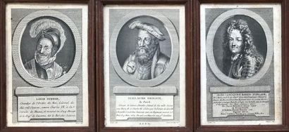 Suite of three small black engravings depicting...