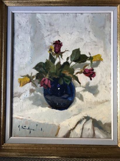 École MODERNE:
ROSES DANS UN VASE.
Huile...