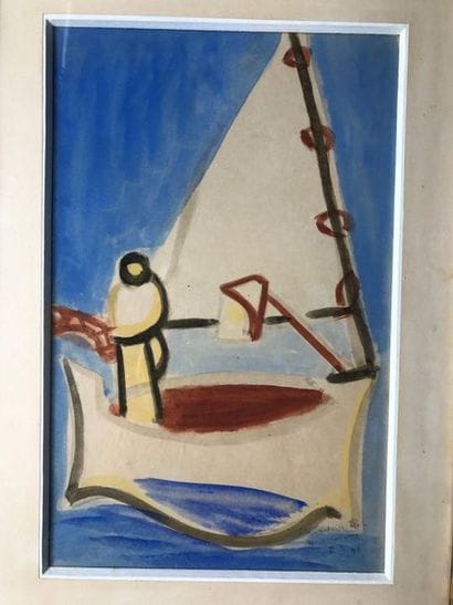 Ecole Moderne.

PECHEUR EN BARQUE.
Aquarelle,...