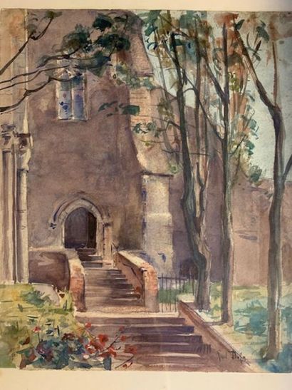 École MODERNE:
PORCHE D'EGLISE AVEC ESCALIER.
Aquarelle...