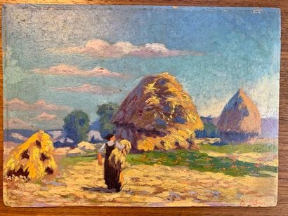 A. PÉCHEUX ?:
PAYSANNE DEVANT LES MEULES.
Huile...