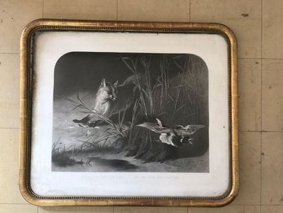 Pair of large engravings in black with hunting...