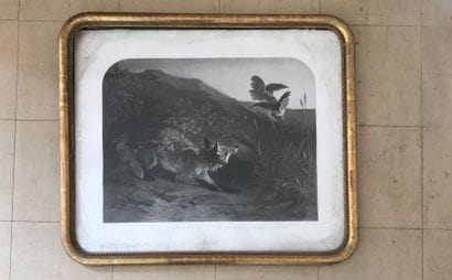 Pair of large engravings in black with hunting...