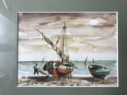 M. FERRER.

RETOUR DE PECHE.
Aquarelle signée...