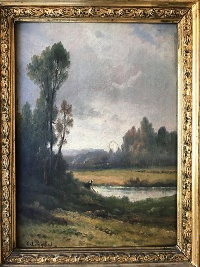 L. LINGLET:
LAVANDIÈRE DANS UN PAYSAGE.Huile...