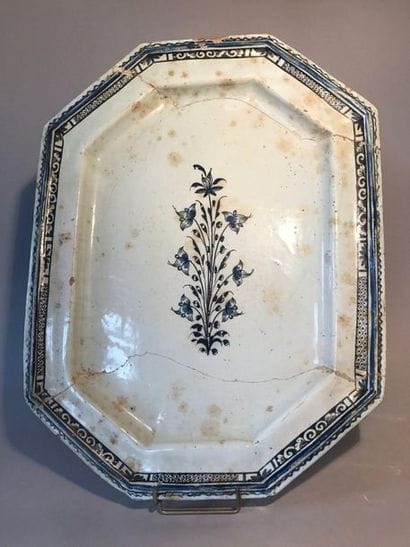 Large rectangular earthenware dish with blue...