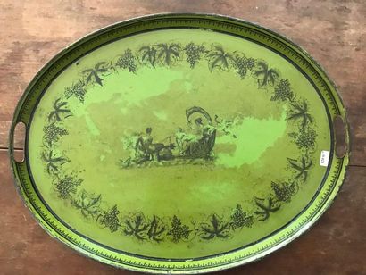 Oval tray in green lacquered sheet metal...