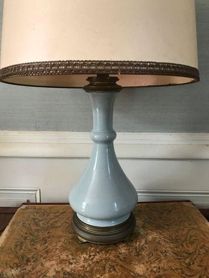 Old oil lamp in cracked celadon ceramic,...